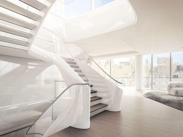 Innenliegende Treppe einer Maisonette-Wohnung  in Zaha Hadids  „520 West 28th“ ©Visualisierung: Hayes Davidson
