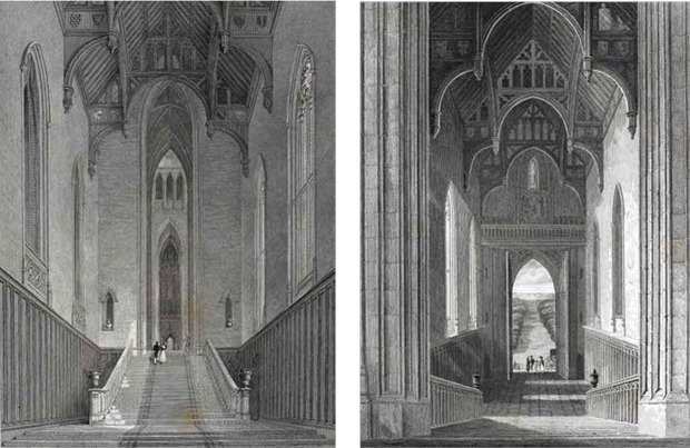 Fonthill Abbey - Darstellung des Westflügels ©Abbildungen aus: Delineations of Fonthill and its abbey by John Rutter, 1823 (links); Graphical and literary illustrations of Fonthill abbey by John Britton, 1823 (rechts)