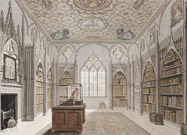 Historischer farbiger Stich von Strawberry Hill - Bibliothek ©Farbige Stiche aus: A Description of the Villa of Horace Walpole, Youngest Son of Sir Robert Walpole Earl of Orford, at Strawberry Hill, near Twickenham. With an inventory of the furniture, pictures, curiosities, etc.