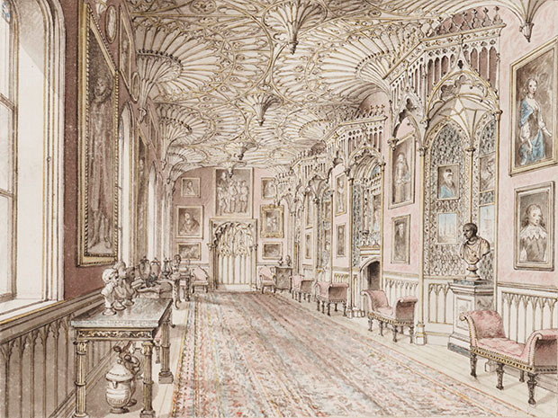 Historischer farbiger Stich von Strawberry Hill - Galerie 1. Obergeschoss ©A Description of the Villa of Horace Walpole, Youngest Son of Sir Robert Walpole Earl of Orford, at Strawberry Hill, near Twickenham. With an inventory of the furniture, pictures, curiosities, etc.